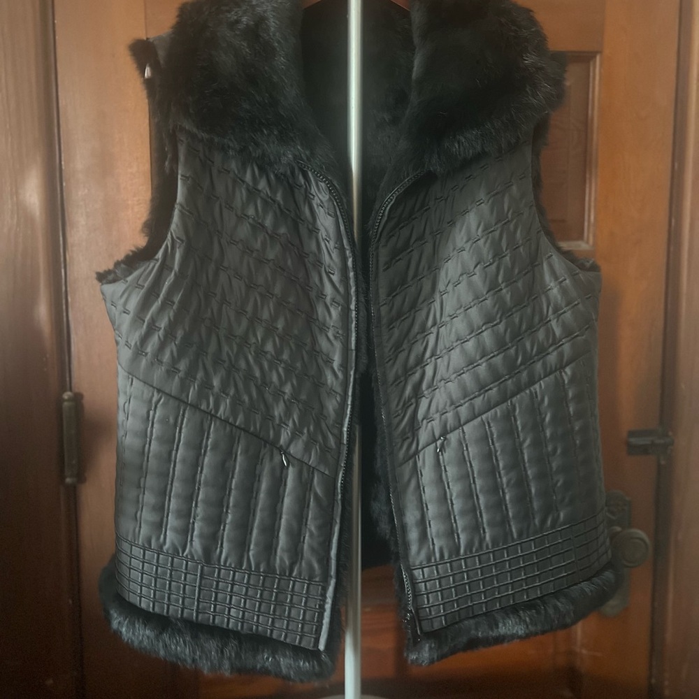 High End Black Quilted Faux Fur Vest